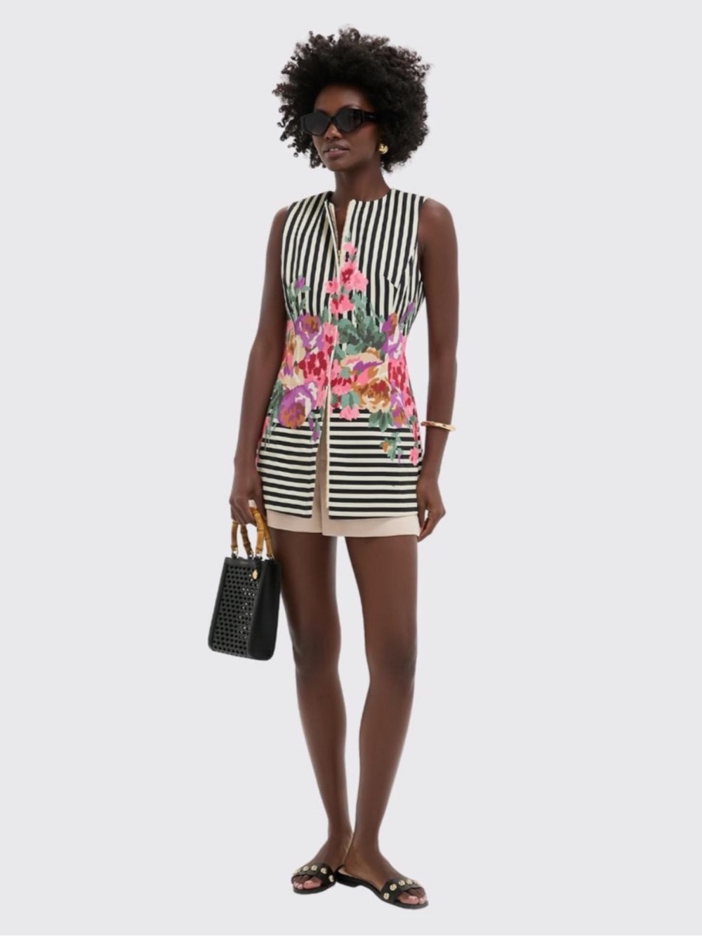 Tuckernuck Structured Rhoda Tunic Top Floral Stripe Black White Sz 8 NWT - Picture 1 of 12